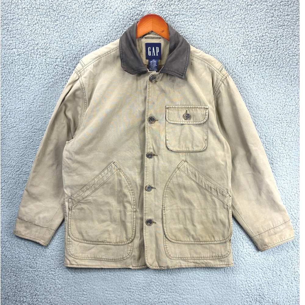 GAP Canvas Barn Jacket Mens XS Tan Brown Corduroy Collar Plaid Lined Utility